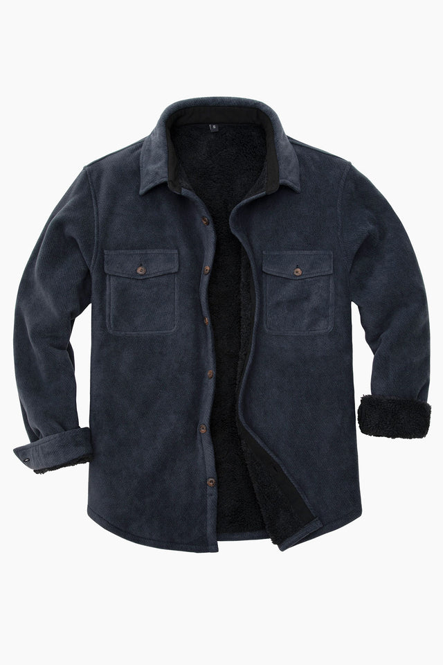 Front view of twill grey men's warm sherpa lined fleece shirt jacket