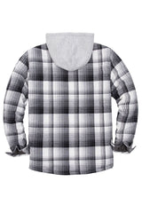 Men's Quilted Lined Button Down Plaid Flannel Shirt Jacket with Hood