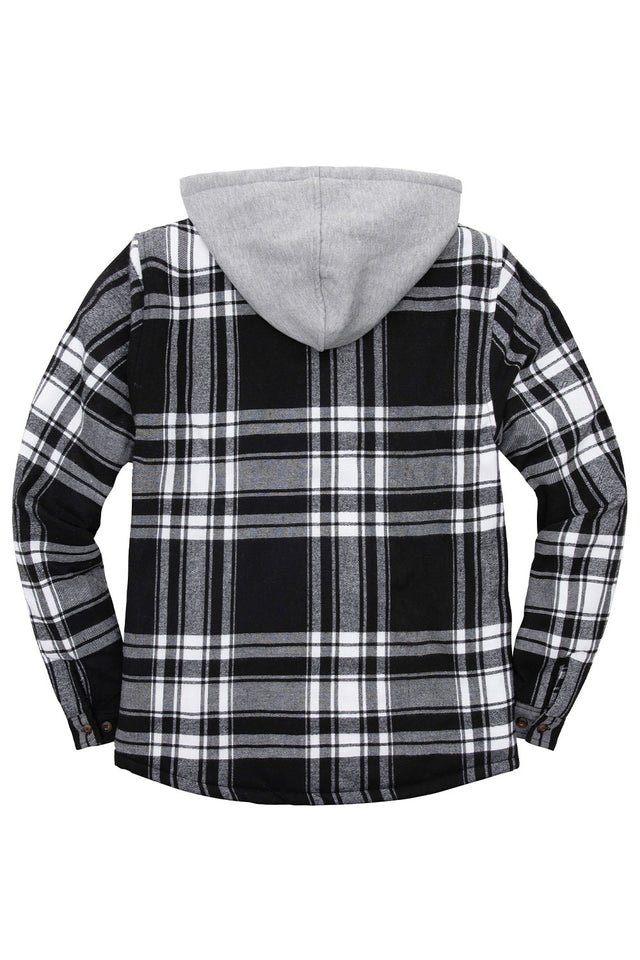 Back view of black white men's button down plaid flannel shirt jacket with hood