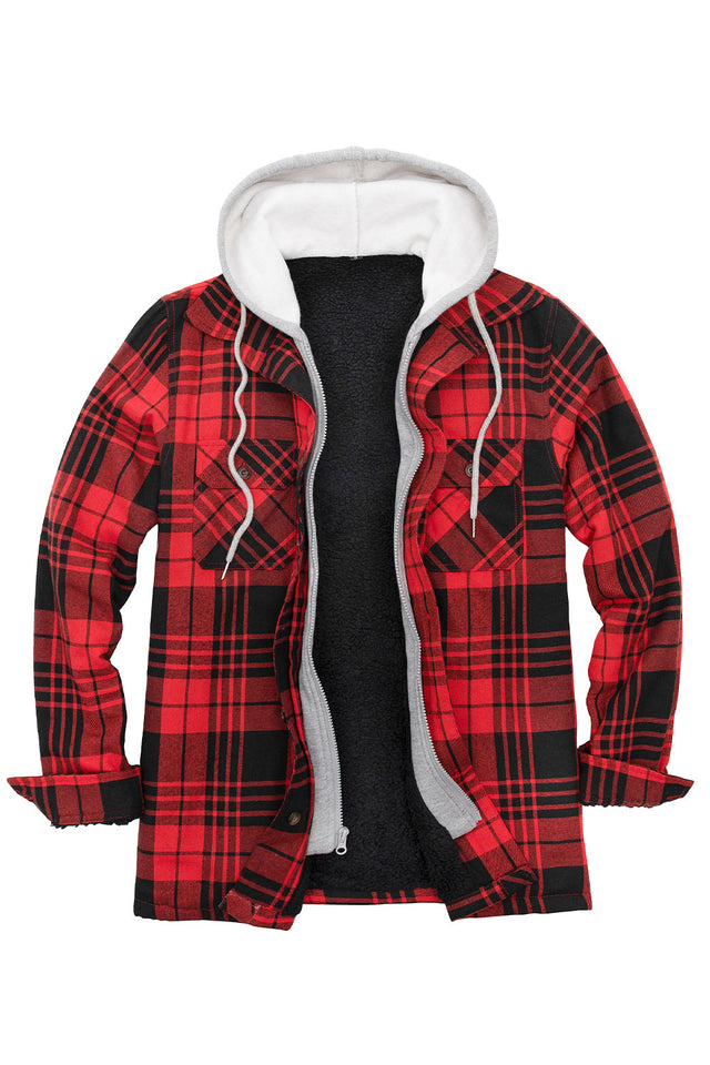 Front view of red black men's sherpa lined plaid flannel shacket with hood