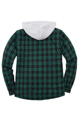 Back view of dark green men's button down plaid flannel shirt jacket with hood