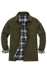 Front view of men's army green flannel lined heavy utility shirt jacket