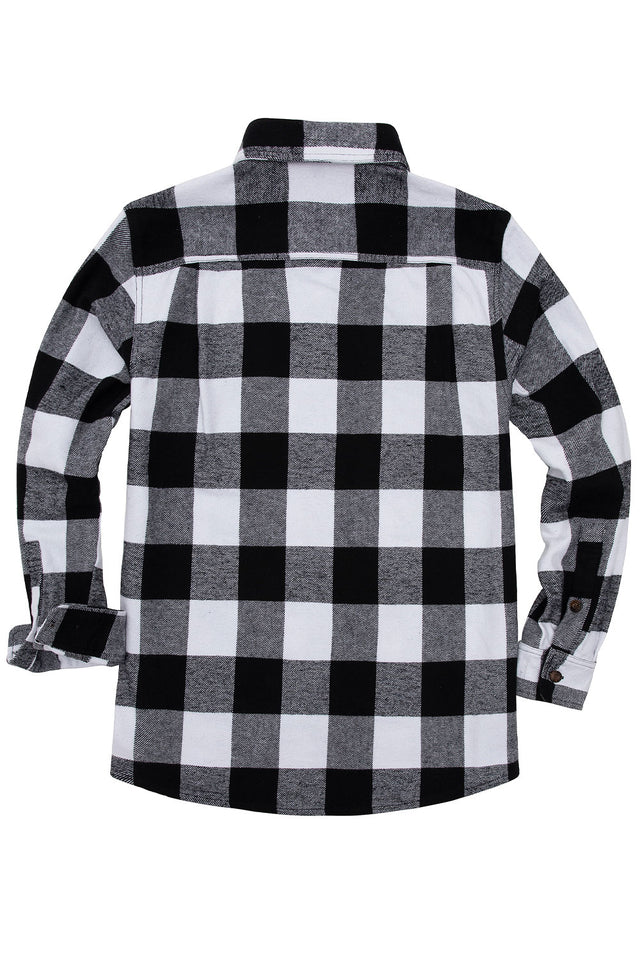 Back view of a man in a black white stalwart heavyweight flannel shirt for men