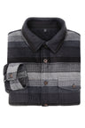 A high view of folded grey stripe men's cozy button plaid shirt jacket with sherpa lining