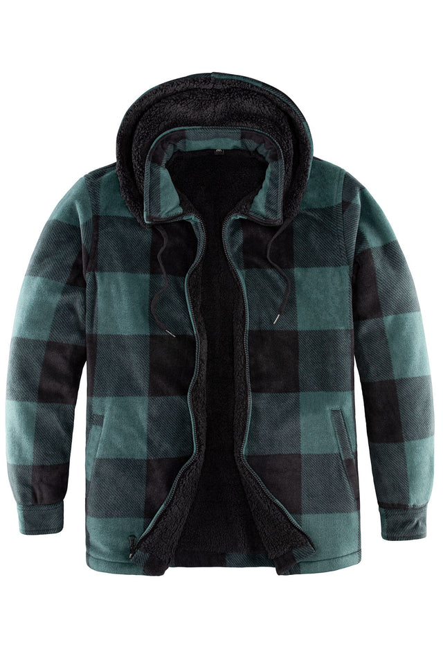 Front view of green men's fleece plaid jacket with removable hood