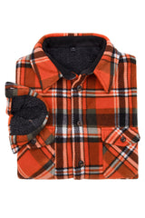 A high view of folded orange plaid men's button closure jacket with sherpa lining