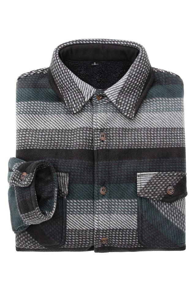 A high view of folded green stripe men's cozy button plaid shirt jacket with sherpa lining