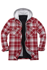 Front view of new red men's sherpa lined plaid flannel shirt jacket 