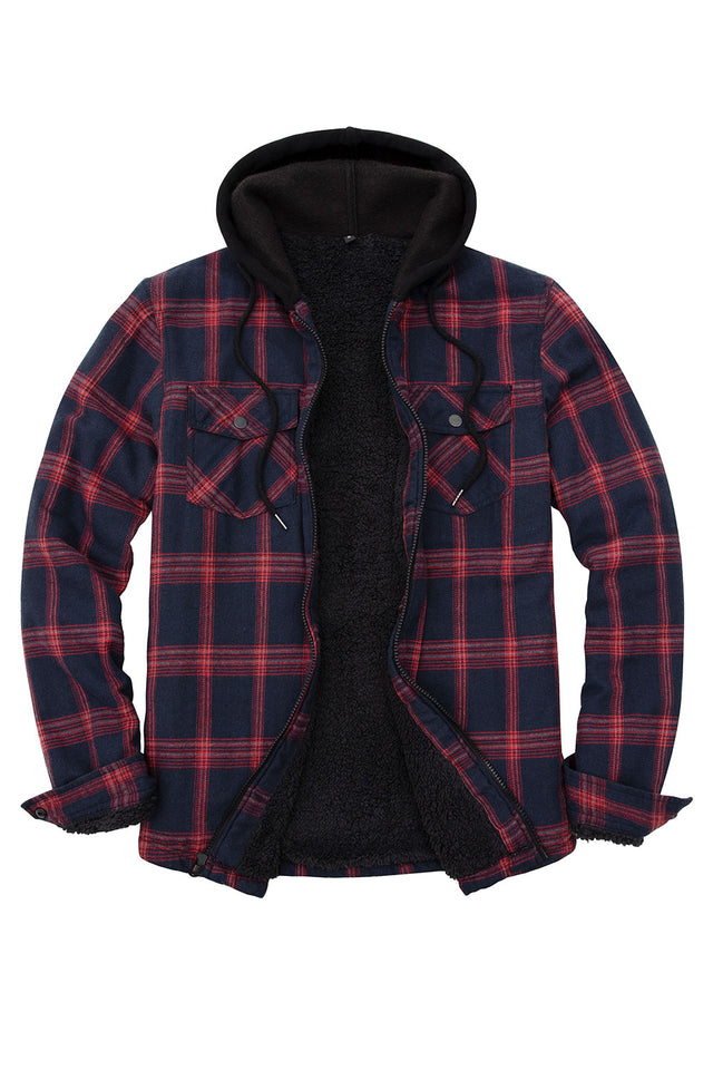 Men's Sherpa Lined Full Zip Up Plaid Flannel Hooded Jacket