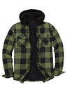 Front view of army green men's zipper flannel shirt jacket with hood 