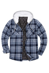 Men's Quilted Lined Button Down Plaid Flannel Shirt Jacket with Hood