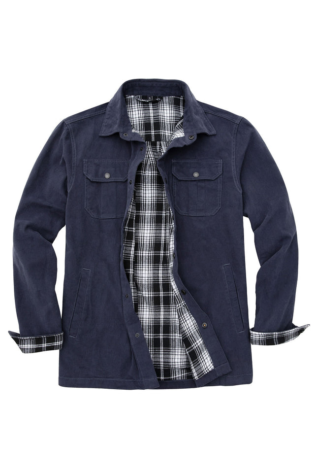 Front view of men's navy flannel lined heavy utility shirt jacket