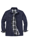 Front view of men's navy flannel lined heavy utility shirt jacket