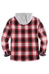 Back view of red men's button down plaid flannel shirt jacket with hood