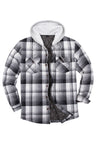 Front view of gray white men's button down plaid flannel shirt jacket