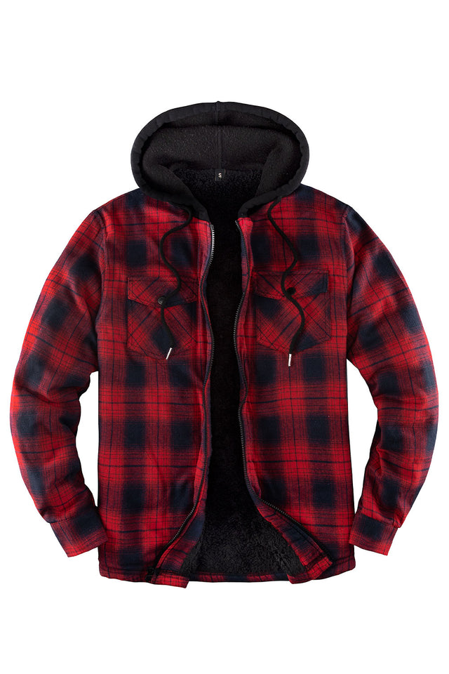 Men's Sherpa Lined Full Zip Up Plaid Flannel Hooded Jacket