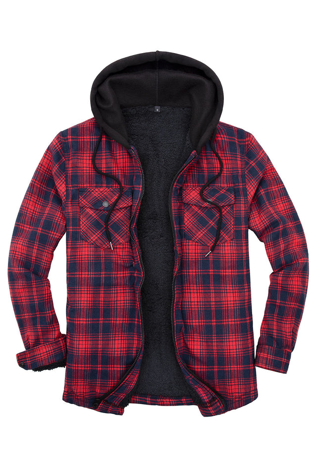 Men's Sherpa Lined Flannel Shirt Jacket with Hood,Plaid Shirt-Jac