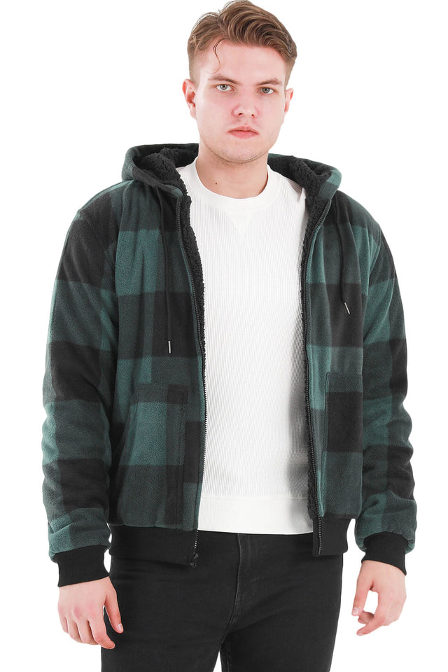 Front view of a man in a green men's checkered plaid hoodie