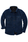 Front view of twill navy men's warm sherpa lined fleece shirt jacket