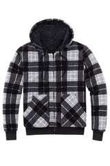 Front view of black gray men's thick sherpa lined plaid jacket 