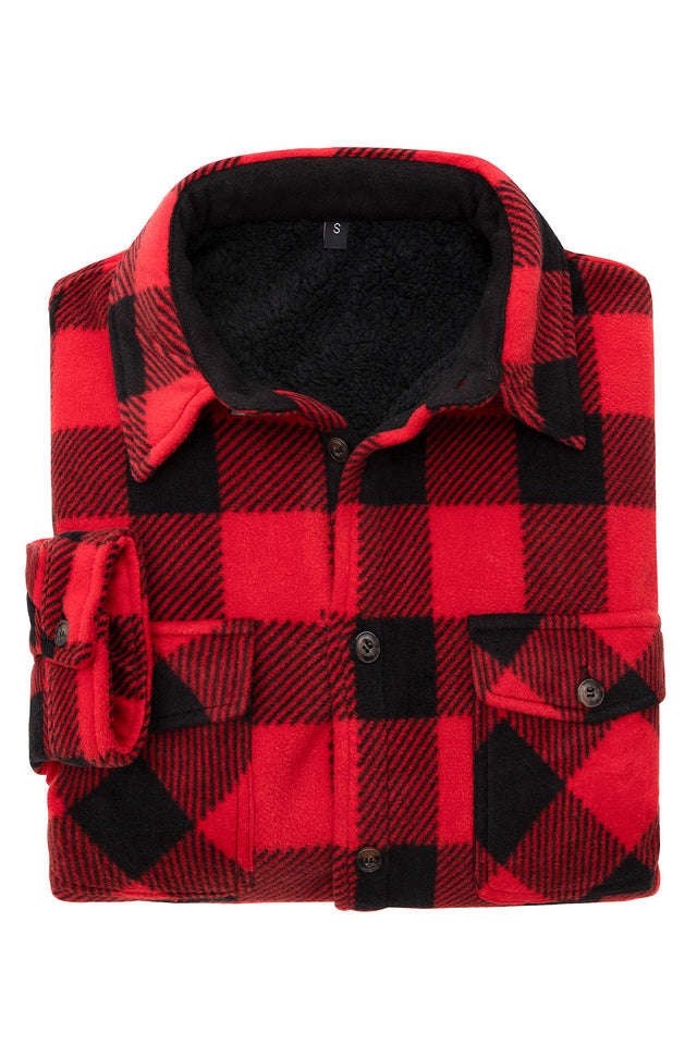 A high view of folded red men's button closure jacket with sherpa lining