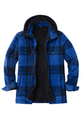 Front view of blue plaid men's fleece plaid jacket with removable hood