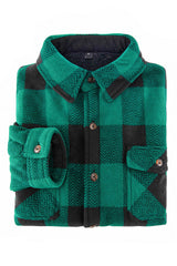 A high view of folded green men's cozy button plaid shirt jacket with sherpa lining