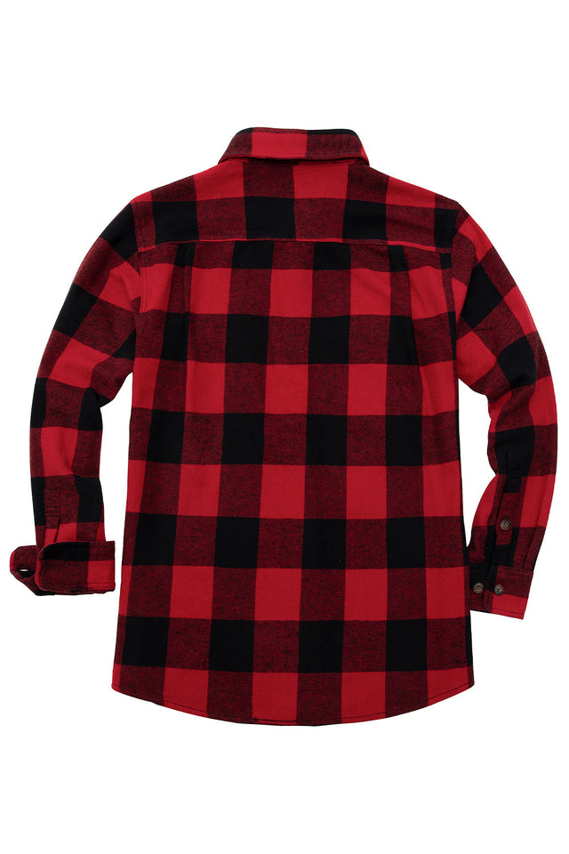 Back view of red buffalo plaid men's stalwart heavyweight cotton flannel shirt