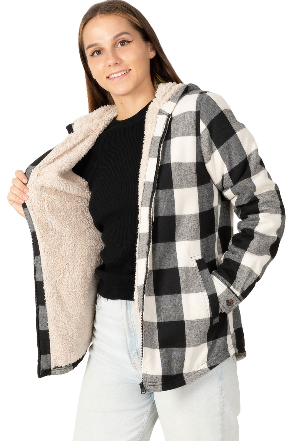 Women's Sherpa-Lined Flannel Jacket Full Zip Up Hooded Plaid Shirt –  FlannelGo