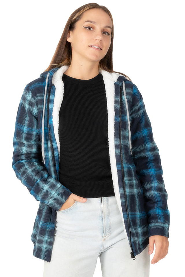 Women's Sherpa-Lined Flannel Jacket Full Zip Up Hooded Plaid Shirt