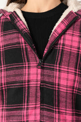 Women's Sherpa-Lined Flannel Jacket Full Zip Up Hooded Plaid Shirt