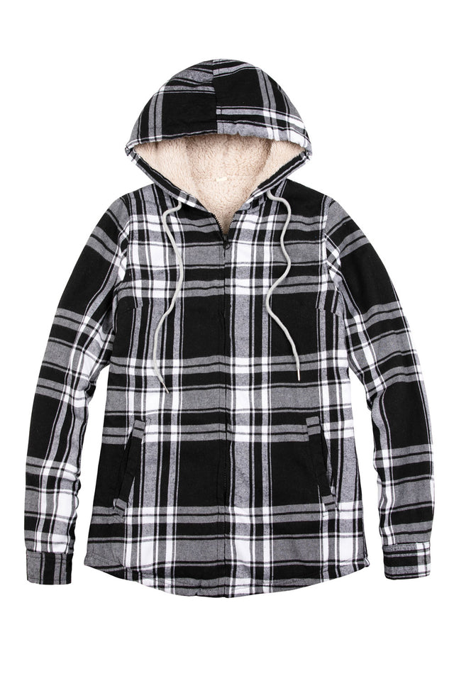 Women's Sherpa-Lined Flannel Jacket Full Zip Up Hooded Plaid Shirt