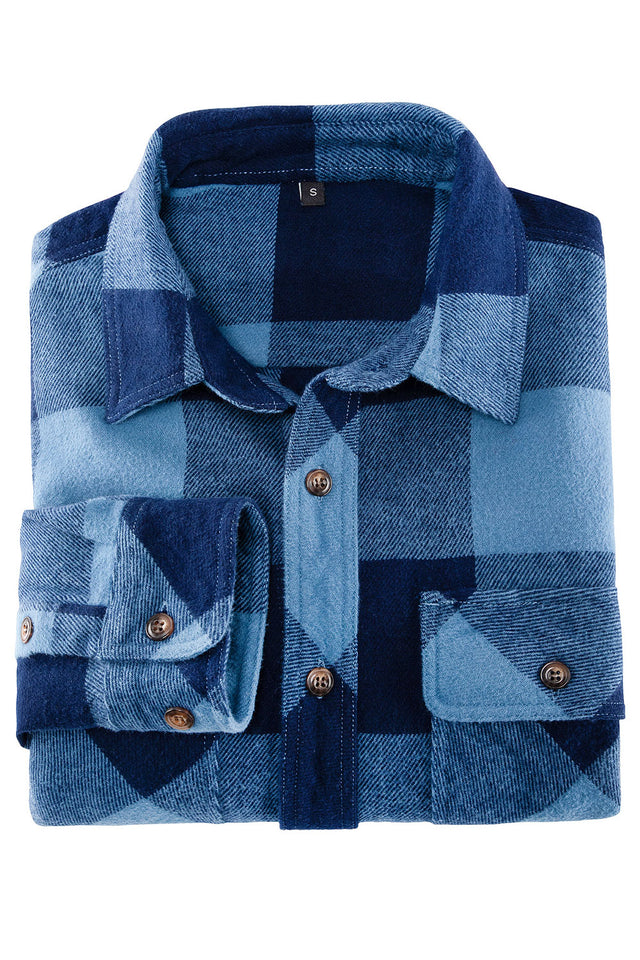 A high view of folded blue plaid men's stalwart heavyweight flannel plaid shirt