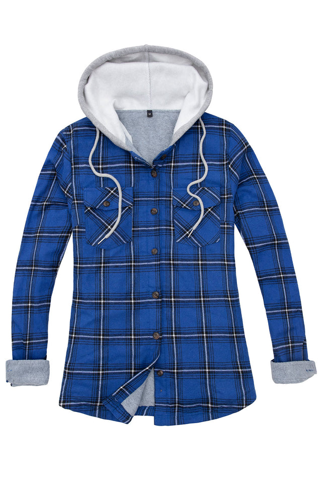 Women's Fleece Lined Flannel Shirt,Button Down Plaid Hooded Jacket