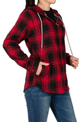 Women's Hooded Plaid Brushed Flannel Shirt,Full Zip Flannel Hoodie