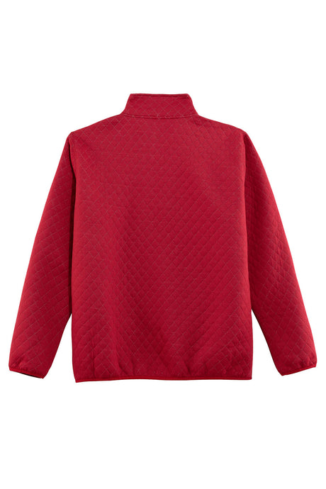 Back view of red men's quilted fleece pullover outdoor shirt 