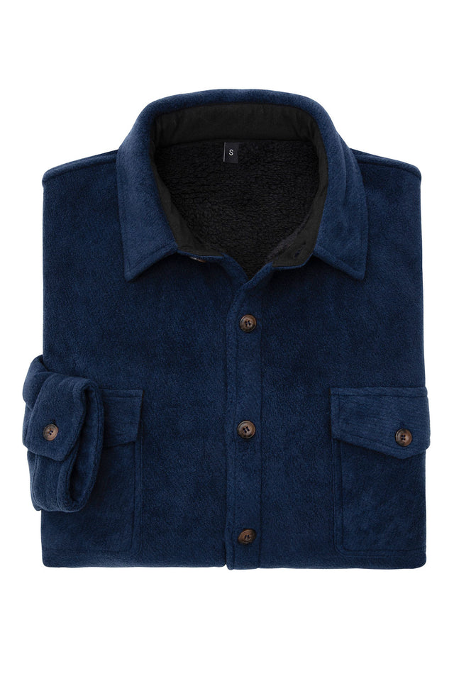 A high view of folded twill navy men's warm fleece interior shirt jacket