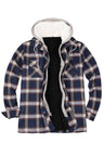 Front view of navy men'ssherpa lined flannel plaid shacket