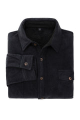 A high view of folded twill black men's warm fleece interior shirt jacket