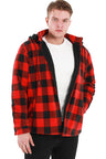 Front view of a man in red plaid men's fleece plaid jacket with removable hood