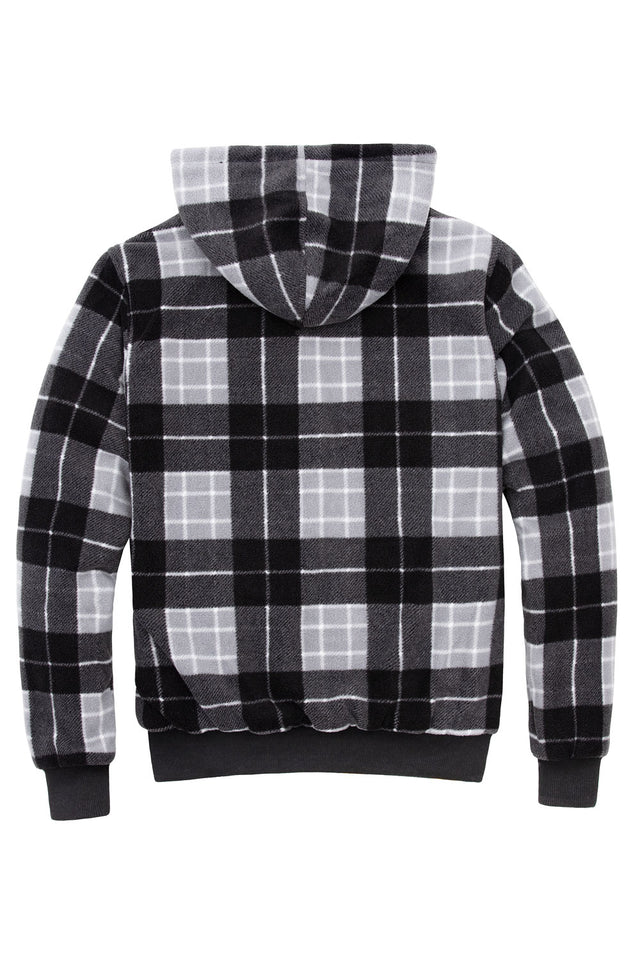 Back view of black gray men's thick sherpa lined plaid jacket