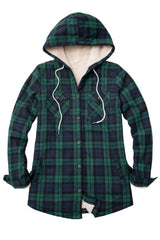 Women's Sherpa Lined Flannel Jacket with Hood,Button Up Plaid