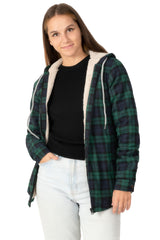 Women's Sherpa-Lined Flannel Jacket Full Zip Up Hooded Plaid Shirt