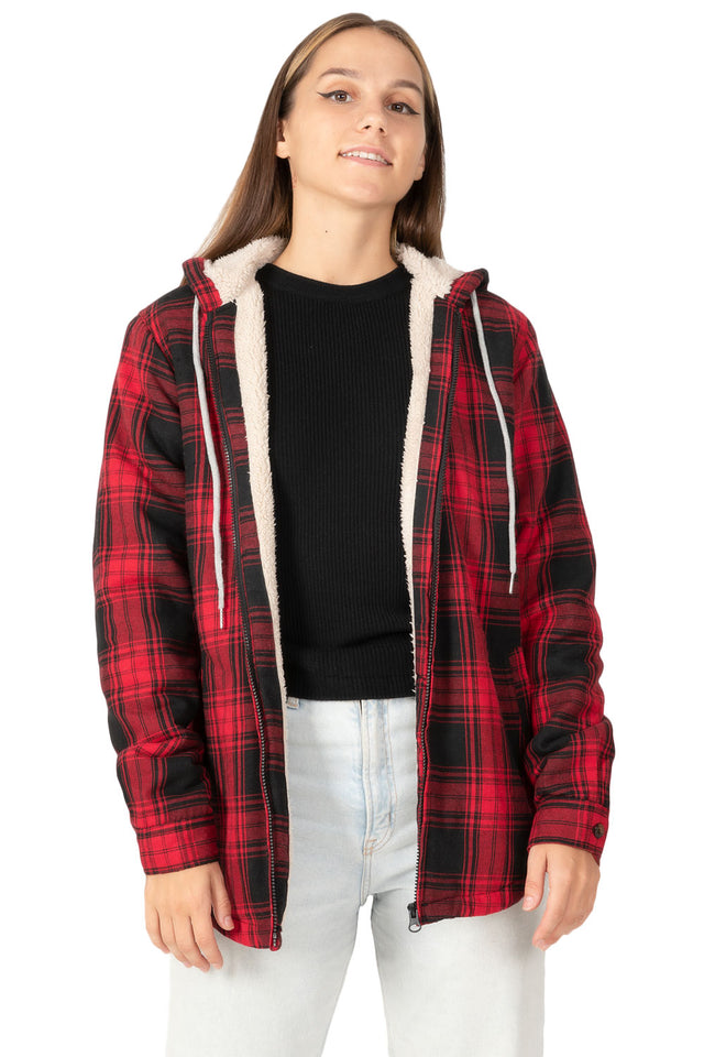 Women's Sherpa-Lined Flannel Jacket Full Zip Up Hooded Plaid Shirt