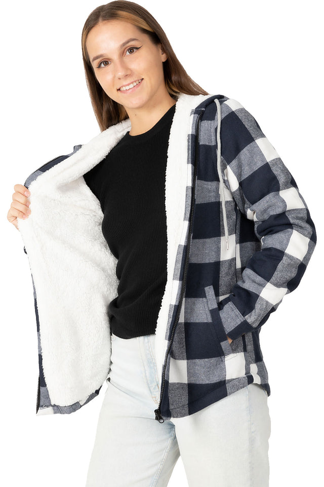 Women's Sherpa-Lined Flannel Jacket Full Zip Up Hooded Plaid Shirt