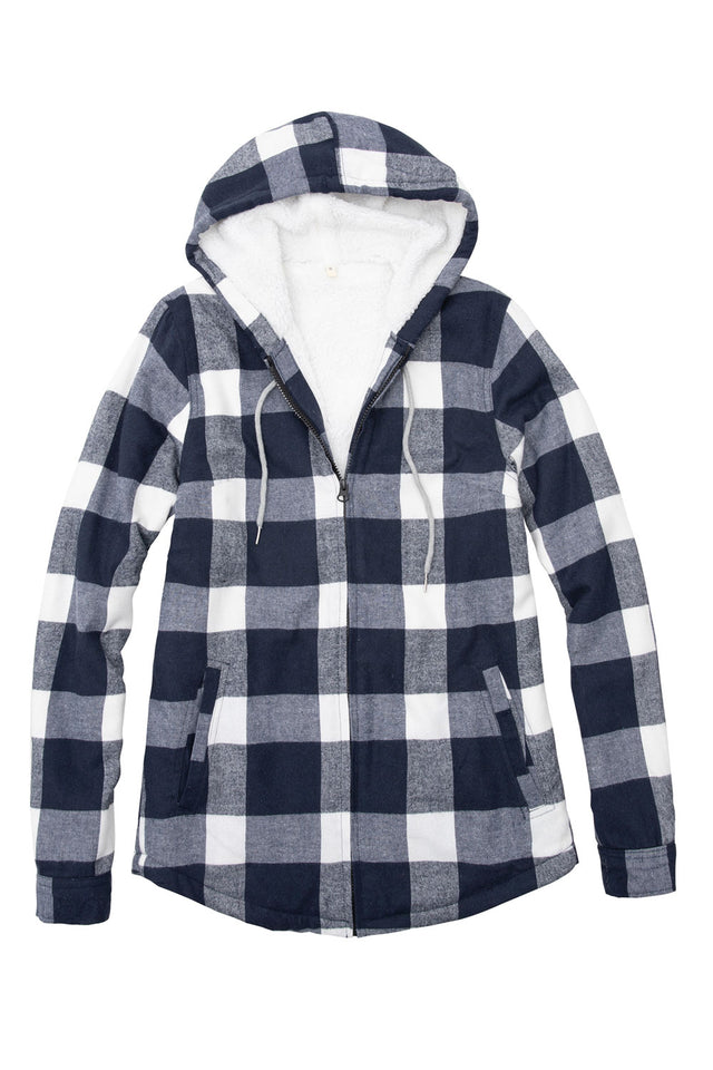 Women's Sherpa-Lined Flannel Jacket Full Zip Up Hooded Plaid Shirt