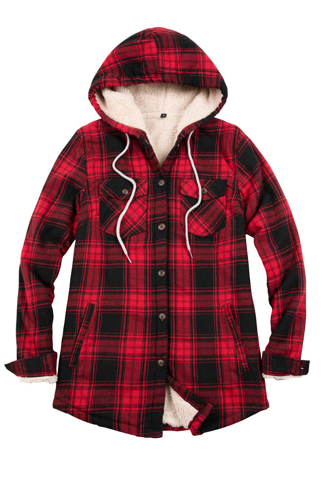 Women's Sherpa Lined Flannel Jacket with Hood,Button Up Plaid