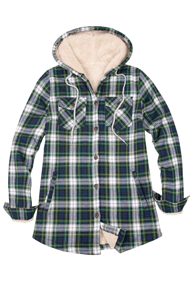 Women's Sherpa Lined Flannel Jacket with Hood,Button Up Plaid